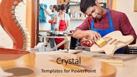  Presentation with apprentice - Amazing PPT theme having abrasivity - apprentice of luthier grinding backdrop and a coral colored foreground