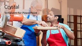  Presentation with team training - Colorful PPT theme enhanced with new joinees - senior craftsman teaching trainee backdrop and a coral colored foreground