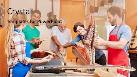  Presentation with team together everyone achieves more - Slide set enhanced with harp - team of luthiers working together background and a coral colored foreground
