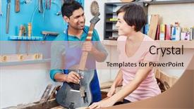  Presentation with work together growth teamwork - Slide set enhanced with electrical internship - two young luthiers work together background and a coral colored foreground