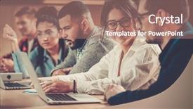  Presentation with cost saving ideas - Cool new PPT theme with inteletual - young colleagues discussing ideas backdrop and a coral colored foreground