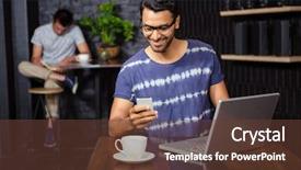  Presentation with coffee shop - Slide deck enhanced with intellectual technology - man using his smartphone background and a tawny brown colored foreground