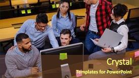  Presentation with collaborative ideas - Presentation featuring intellectual technology - young colleagues discussing ideas background and a tawny brown colored foreground