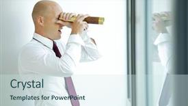  Presentation with telescope - PPT layouts featuring intelligence agency - caucasian businessman spying using telescope background and a sky blue colored foreground