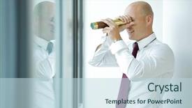  Presentation with telescope - PPT layouts having intelligence agency - caucasian businessman spying using telescope background and a sky blue colored foreground