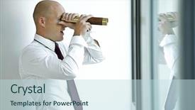  Presentation with telescope - Amazing slide deck having intelligence agency - caucasian businessman spying using telescope backdrop and a sky blue colored foreground