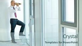  Presentation with telescope - Colorful slide set enhanced with intelligence agency - caucasian businessman spying using telescope backdrop and a  colored foreground