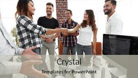  Presentation with new client interview - Colorful PPT theme enhanced with intelligence agency - handshake of young designers backdrop and a  colored foreground