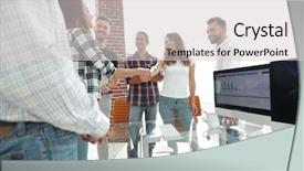  Presentation with new client interview - Colorful PPT theme enhanced with intelligence agency - handshake of young designers backdrop and a light gray colored foreground