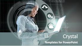  Presentation with laptop - Beautiful PPT layouts featuring intelligence artificielle - smiling businesswoman using laptop backdrop and a gray colored foreground