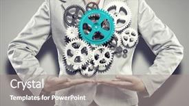  Presentation with hands holding - Theme enhanced with intelligence brain function - close up image of businesswoman background and a  colored foreground