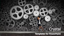  Presentation with woman engineer - Colorful slides enhanced with intelligence brain function - young woman engineer holding mechanism backdrop and a dark gray colored foreground