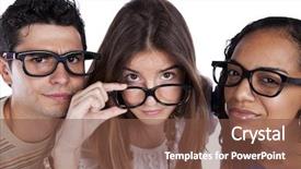  Presentation with smart - PPT theme having intelligence concept - three smart student friends looking background and a tawny brown colored foreground