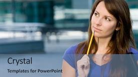  Presentation with thinking outside box - Presentation having intelligent building - pretty caucasian white girl pondering background and a teal colored foreground