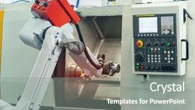  Presentation with arm robot - Slide set enhanced with intelligent control system - robot arm is working smartly background and a gray colored foreground