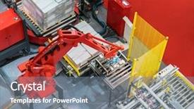  Presentation with conveyor belt - Presentation featuring intelligent transportation - robotic arm at production line background and a gray colored foreground