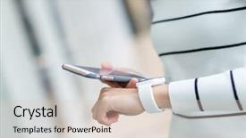  Presentation with intelligent transportation systems - Presentation design with intelligent transportation systems - young woman using wearable watch background and a soft green colored foreground