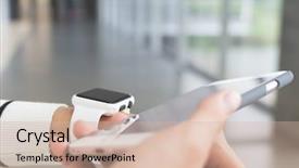  Presentation with wearable - Beautiful presentation featuring intelligent transportation systems - young woman using wearable watch backdrop and a soft green colored foreground