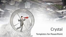  Presentation with trumpet - Amazing slide deck having intensify - young businessman running in wheel backdrop and a  colored foreground