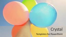  Presentation with lens - PPT theme with intentionally staged photo shot specifically into the sun of a person holding multicolored balloons up toward the sun with a lens flare toned with a retro vintage instagram filter effect app or action background and a yellow colored foreground