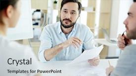  Presentation with listening - PPT layouts enhanced with intentions - portrait of bearded asian man background and a sky blue colored foreground