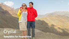  Presentation with tourists - Beautiful PPT theme featuring inter ethnic couple of tourists posing on tizi-n-tichka pass high atlas mountains morocco backdrop and a coral colored foreground