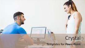  Presentation with music and athletic training - Cool new PPT theme with interact club - athletic woman talking with fitness backdrop and a coral colored foreground