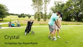  Presentation with golf course - Slides having interact club - male instructor assisting woman background and a gold colored foreground