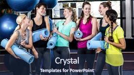  Presentation with class - Colorful PPT layouts enhanced with interact club - woman chatting before yoga class backdrop and a navy blue colored foreground