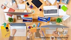  Presentation with team - Slide deck consisting of interacting-as-team-for-better background and a coral colored foreground