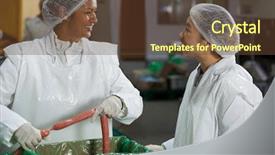  Presentation with meat processing - Beautiful slide deck featuring interaction protein - female butchers processing sausages backdrop and a tawny brown colored foreground