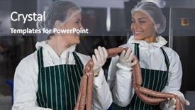  Presentation with meat processing - Cool new PPT layouts with interaction protein - female butchers processing sausages backdrop and a  colored foreground