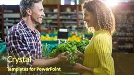  Presentation with organic - Slide deck featuring interaction protein - happy couple buying vegetables background and a  colored foreground