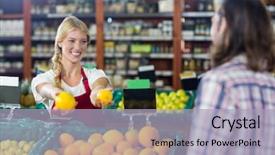  Presentation with grocery - Audience pleasing PPT layouts consisting of interaction protein - smiling staff assisting a man backdrop and a  colored foreground
