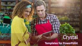  Presentation with digital - Beautiful slide deck featuring interaction protein - woman looking at digital tablet backdrop and a  colored foreground