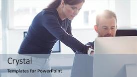  Presentation with computer room - Colorful PPT layouts enhanced with interactive teaching - teacher assisting mature student backdrop and a light blue colored foreground