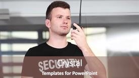  Presentation with portable radio - Audience pleasing theme consisting of intercept - security man standing beside stairs backdrop and a violet colored foreground