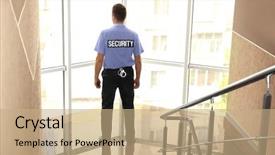  Presentation with security - Audience pleasing PPT layouts consisting of intercept - security man standing beside window backdrop and a coral colored foreground