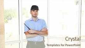  Presentation with security - Beautiful PPT theme featuring intercept - security man standing beside window backdrop and a cream colored foreground