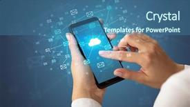  Presentation with telemedicine word cloud concept - Colorful slide set enhanced with mailing software - female hand using smartphone backdrop and a ocean colored foreground