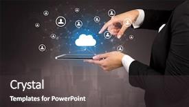  Presentation with tablet - Audience pleasing PPT layouts consisting of mobile synchrinization - hand holding tablet and showing backdrop and a dark gray colored foreground