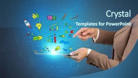  Presentation with doodles - PPT layouts having hand holding tablet with flying background and a ocean colored foreground