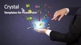  Presentation with doodles - Presentation design with hand holding tablet with flying background and a dark gray colored foreground