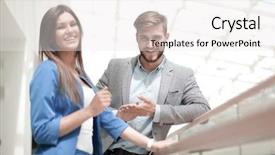  Presentation with new office - Colorful presentation design enhanced with intercourse - young colleagues standing in new backdrop and a white colored foreground