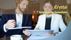  Presentation with data meeting - Beautiful theme featuring intercultural business colleagues looking backdrop and a tawny brown colored foreground