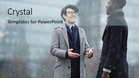  Presentation with intercultural - Beautiful presentation design featuring intercultural businessmen having conversation on snowy weather backdrop and a light blue colored foreground