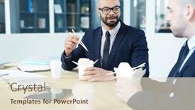  Presentation with intercultural - Cool new PPT layouts with intercultural businessmen talkin by lunch in office backdrop and a lemonade colored foreground