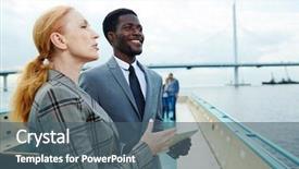  Presentation with top view of amazon river - Colorful presentation design enhanced with intercultural co-workers discussing view backdrop and a ocean colored foreground