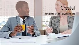  Presentation with business travel - Presentation theme having intercultural colleagues communicating by drink background and a coral colored foreground