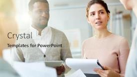  Presentation with intercultural - Presentation with intercultural colleagues taking part in discussion of financial information and working problems background and a soft green colored foreground